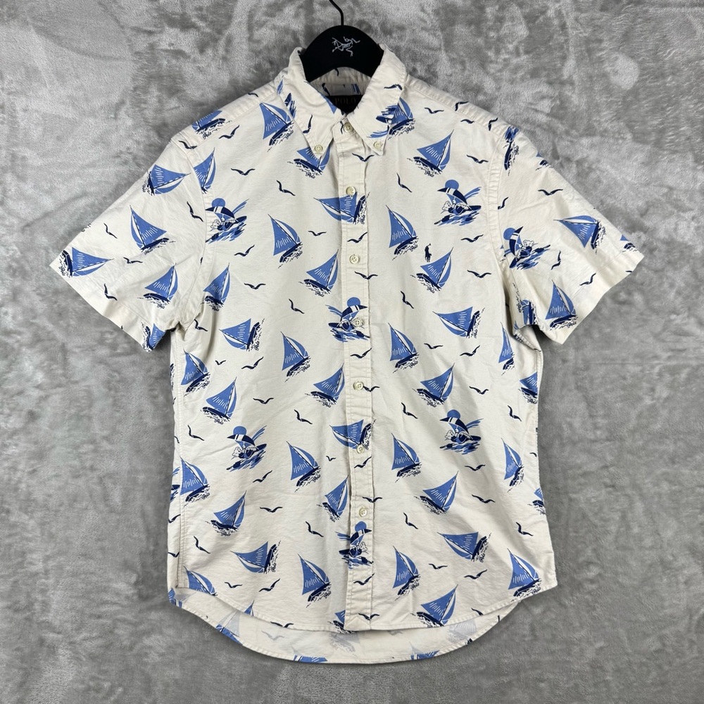 Polo Ralph Lauren Bear Shirt Surfing Boats Hawaiian Mens‎ Medium AOP Summer